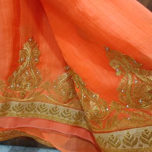 New Orange/Peach With Golden Work Saree