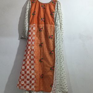 Orange And Off White Anarkali Gown