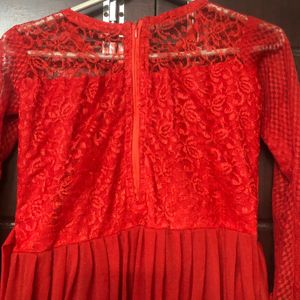 Hot Red Net Frock With Pearls Work