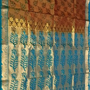 Honey Brown And Peacock Blue Silk Saree