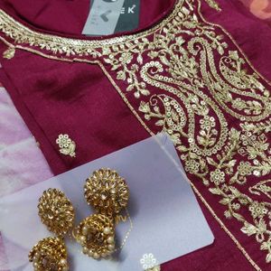 Combo Kundan Jhumka With Embroidered Kurti