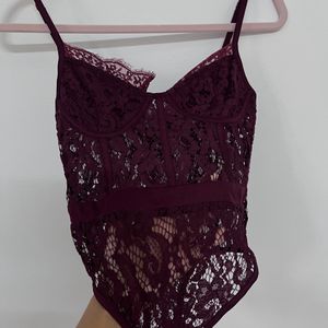 Burgundy Lace Detail Fitted Bodysuit