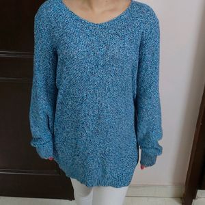 Women Blue Oversized Knitted Cotton Sweater