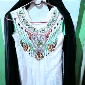 White Frocksuit With Black Net Dupatta