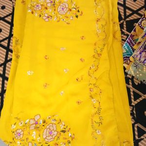 Thread Work Biscuit Yellow Saree