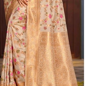 Cream Banarsi Silk Saree For Party Wear