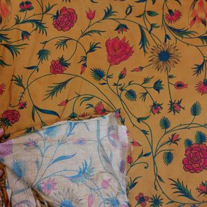 Mustard Floral Cotton Satin Fabric