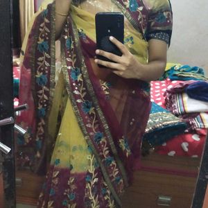 Net Saree With Half Sleeve Blouse