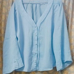 Light Blue Deep V-Neck Shirt For Casual Wear