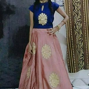 women peach and blue crop top skirt with duptta