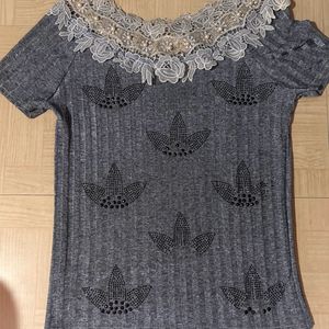 Lace And Pearl Detailing Boat Neck Top