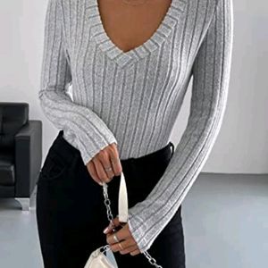 Korean Crochet V Neck Silver Pullover To