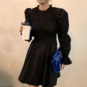 Korean Black RUFFLE Collar Puff Sleeve Dress