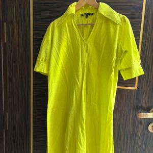 Neon Yellow Ankel Length Dress With Puff Sleeves