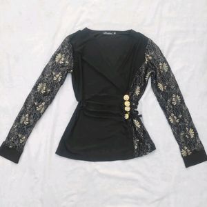 Black Wrapover Patterned Top