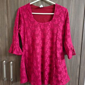 Casual Red Lace Top With Bell Sleeves