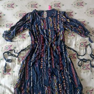 Blue Ethnic Print One Piece With Shoulder Cuts