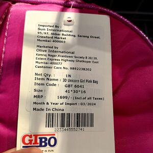 Kids 3D Unicorn Girl Pink Branded Bag