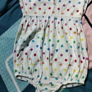 White And Multicolour Dotted Diaper Dress For Girl