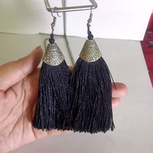 Silver Toned And Black Tasseled Contemporary Drop Earrings