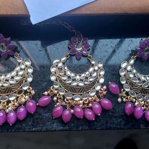 Purple Colour Kundan Earrings With Maangtika