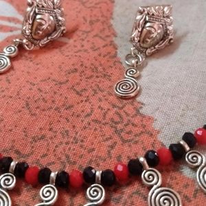 Red&Black Crystal Oxidised Necklace With Earring