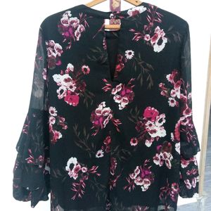 Red Tape Black Ruffle Sleeve Floral Top