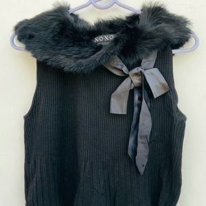 Cute Fur Design Ribbed Top