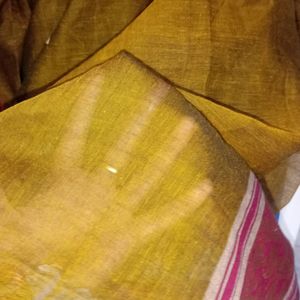 100% Handwoven Cotton Silk Saree In Olive Color