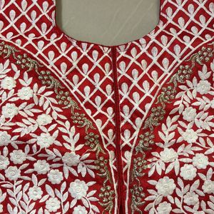 Red Anarkali Kurta With White Embroidery