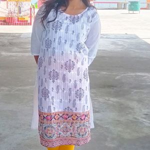 White Kurti With Multiple Colour Border