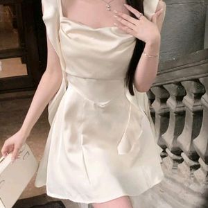 French Women Ruffled Silk Backless Dress