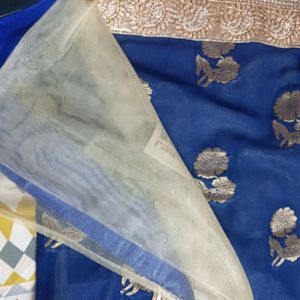 Blue And Golden Work Beautiful Saree