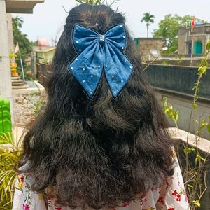 Denim Hair Bow With Rhinestones Detailing