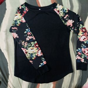 Floral Printed Arms Black Top