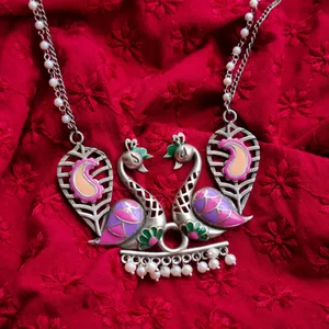 Dual Peacock Silver Replica Statement Necklace