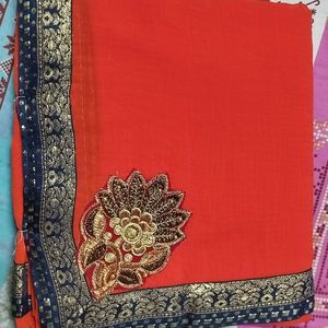 Rust Red Plain Saree With Blouse