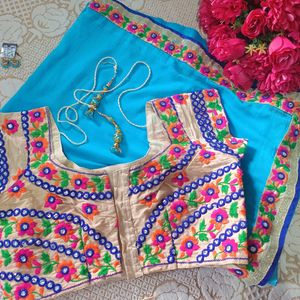 Blue Saree With Colorful Embroidery Blouse