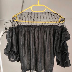 Black Metallic Ruffled Sleeves Top