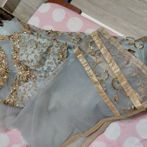 Dusky Blue Gown With Golden Thread Work