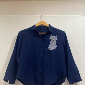 Navy Blue Crop Type Shirt With Cute Cat Print