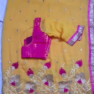Gorgeous Mustard Silk Saree With Pink Embroidery