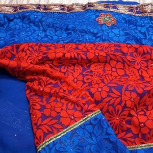 Designer Blue Red Saree (Women)