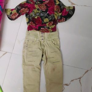 Florescent Green Denim Ridge Jeans With Floral Top