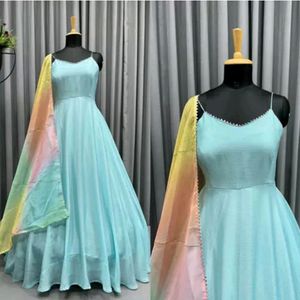 Turquoise Ethnic Gown With Organza Duptta