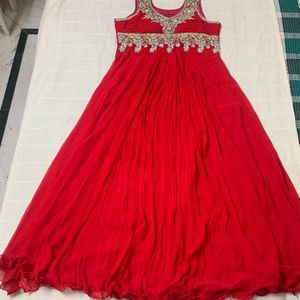 Red Long Flared Gown With Heavy Embroidery