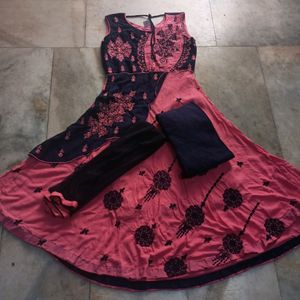 Readymade Pink And Navy Blue Anarkali Set with Pajama And Dupatta