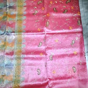 Baby Pink Organza Multi Print Chanderi Saree