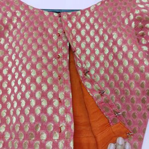 Beautiful Boat Neck Pink And Gold Saree Blouse