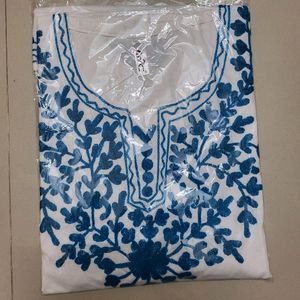 White With Blue Lucknowi Short Kurti